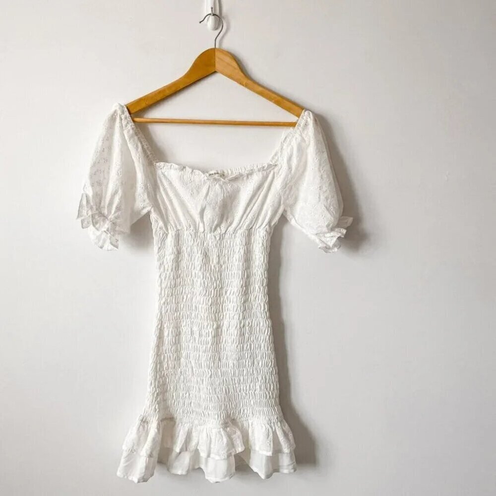 Idem Ditto Smocked Ruffle Eyelet Mini Dress White Size  Small